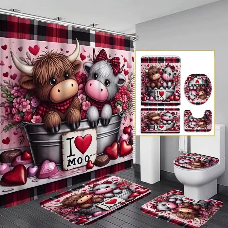 1/4pcs Valentine's Day Highland Bull Pattern Shower Curtain Set, including shower curtain, toilet seat cover, rectangular mat, and U-shaped mat. Perfect for Bathroom Decoration Accessories, beautifying the space. Comes with 12 shower curtain hooks.