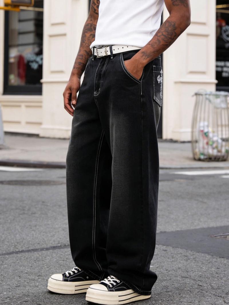 Pocket Embroidered Loose-Fitting Wide-Leg Jeans, Y2K Street Retro Trendy Denim Jeans, All Seasons Fashion for Unique Style