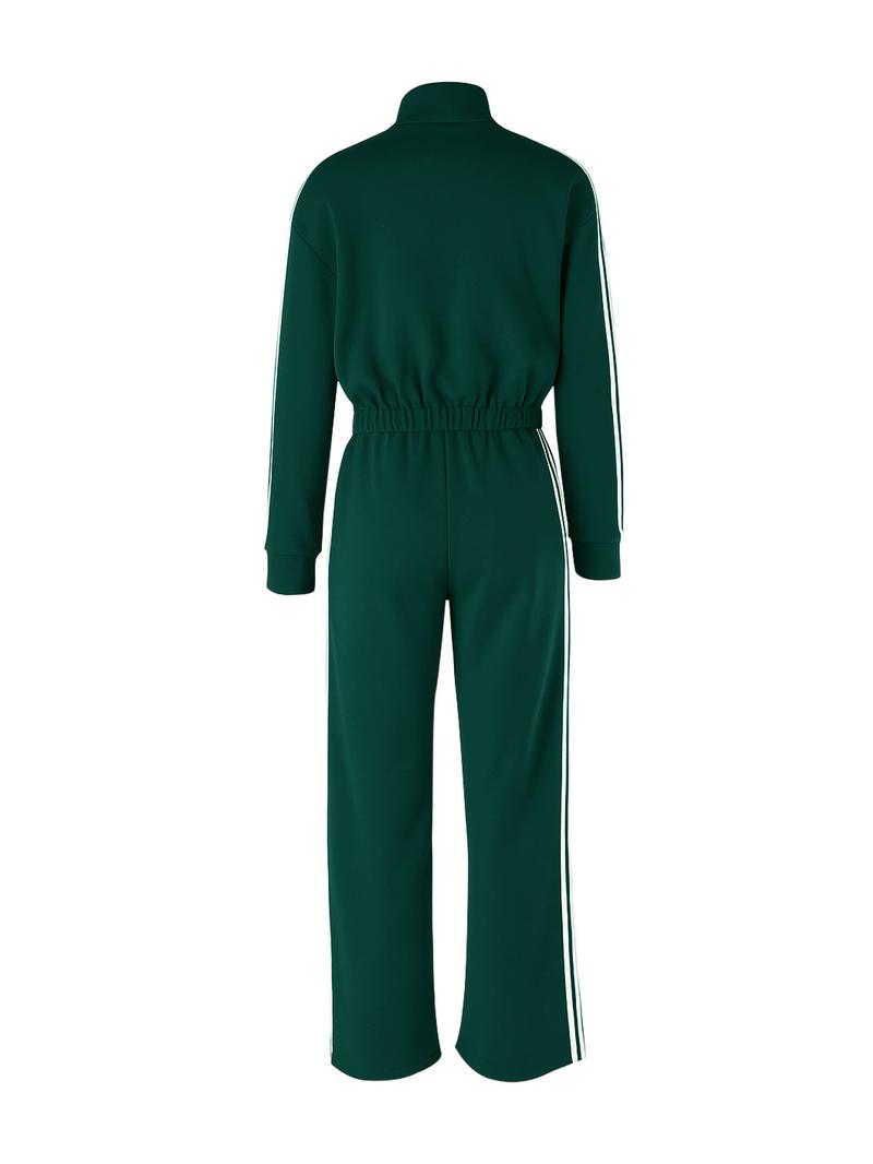 Women's Casual Patchwork Set, Zipper Stand Collar Top + High Waist Loose Pants, Slimming Design, Two-Piece for Daily Wear,Airport Outfit