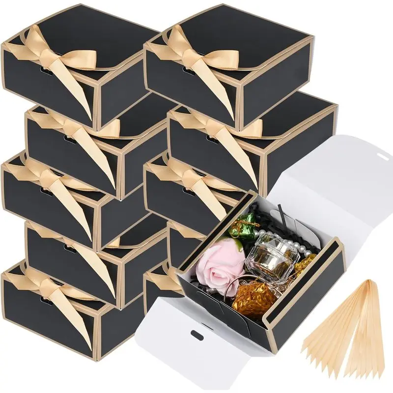 Black 12-Pack Small Square Lidded Storage Gift Boxes with Ribbons, 4.5"x4.5"x2" Home Supplies Organizer for Wedding, Birthday Gifting