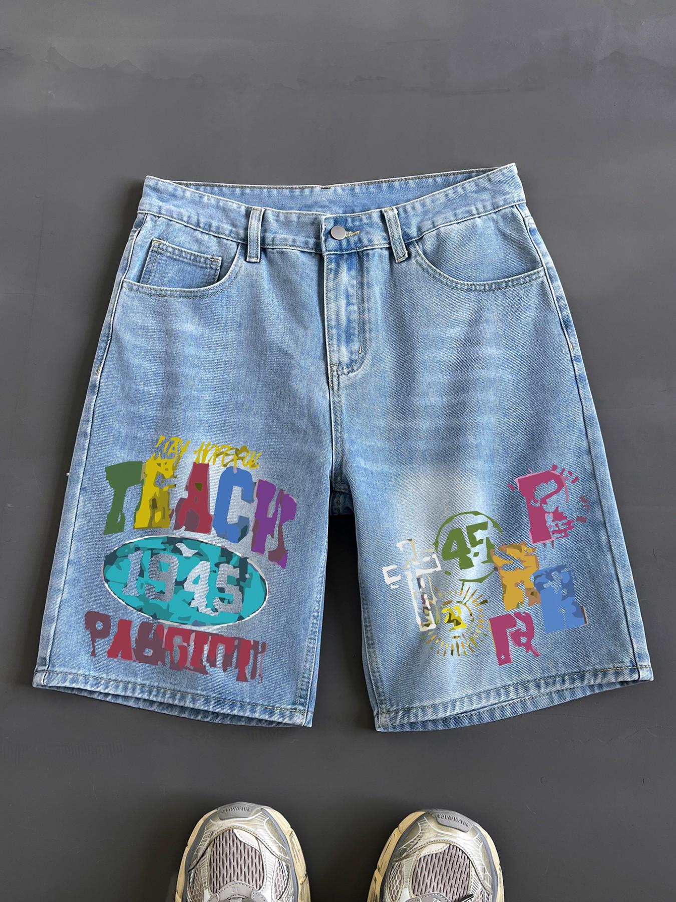 Men's Colorblock Letter Print Denim Shorts, Light Wash Loose Casual Fashion Paint Splatter Shorts for Summer, Men's Bottoms for Daily Wear, Menswear