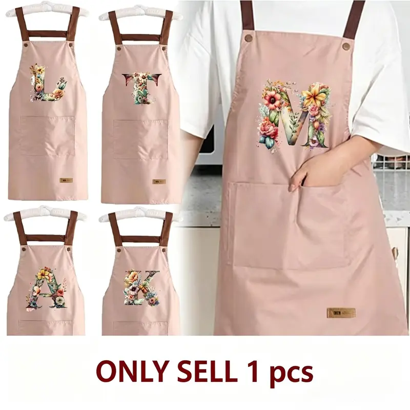 Letter Pattern Floral Print Apron, 1 Count Adjustable Waterproof Strap Apron with 2 Pockets, Household Items Professional Kitchen Apron for Cooking, Gardening, Painting, Baking, Flower, Pocketed Aprons