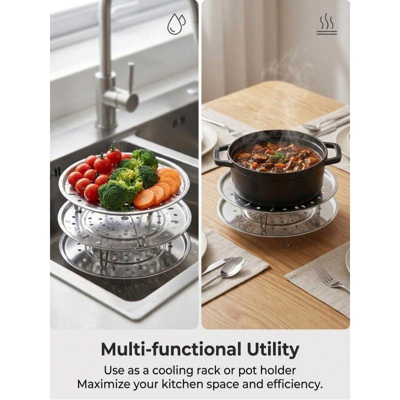 3pcs Multi-Size (18/20/22cm) Stainless Steel Steamer Racks, Universal Fit Perforated Trays with Elevated Legs,  for Steaming Vegetables, Dumplings & Seafood