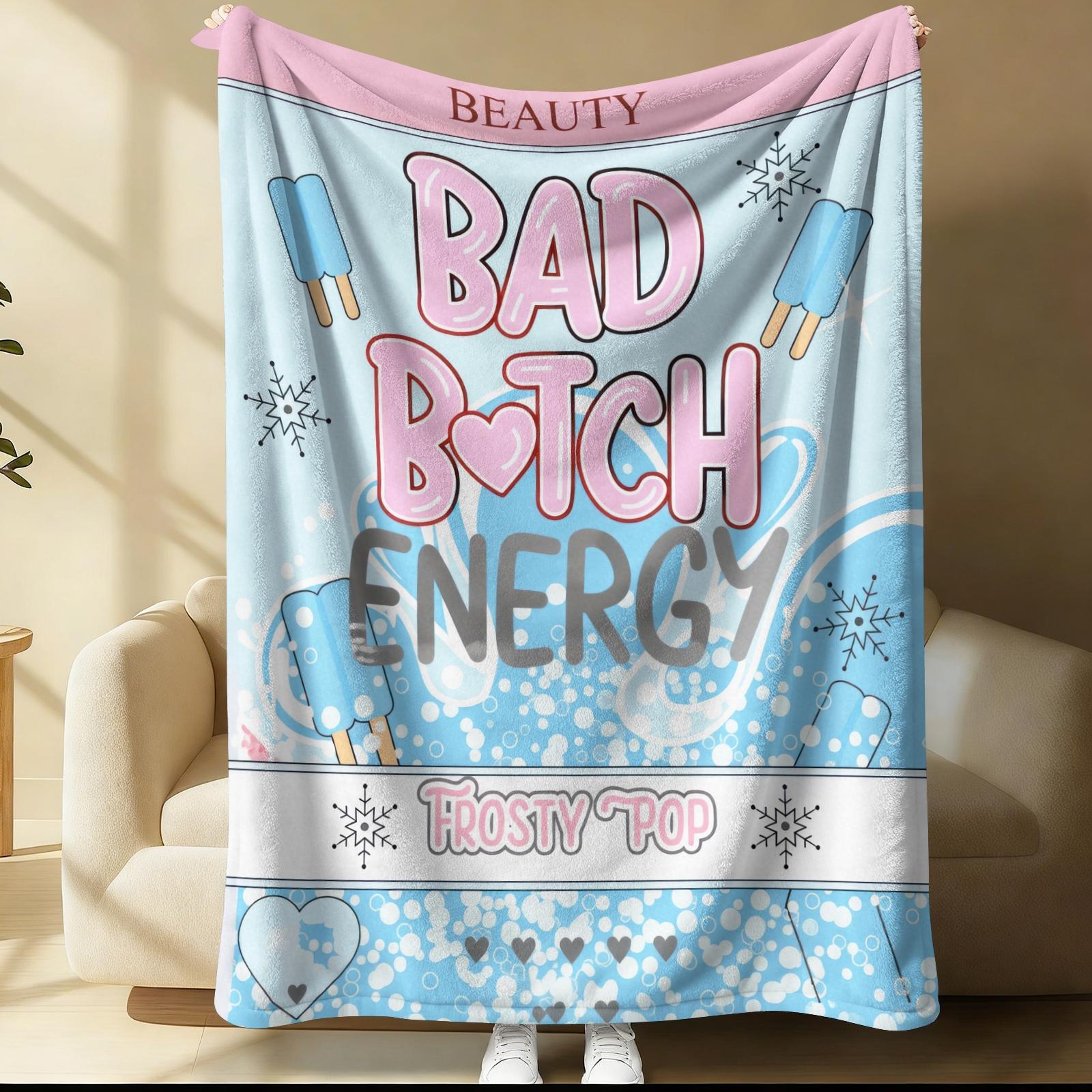 Bad Bitch Energy Flannel Blanket, Y2K Coquette Funny Slogan Cherry Popsicle Throw Blanket, Ultra Soft Warm Blanket for Teen Girls Women, Cute Girly Aesthetic Gift Blanket, Cozy for Couch Bed Sofa Bedroom Dorm