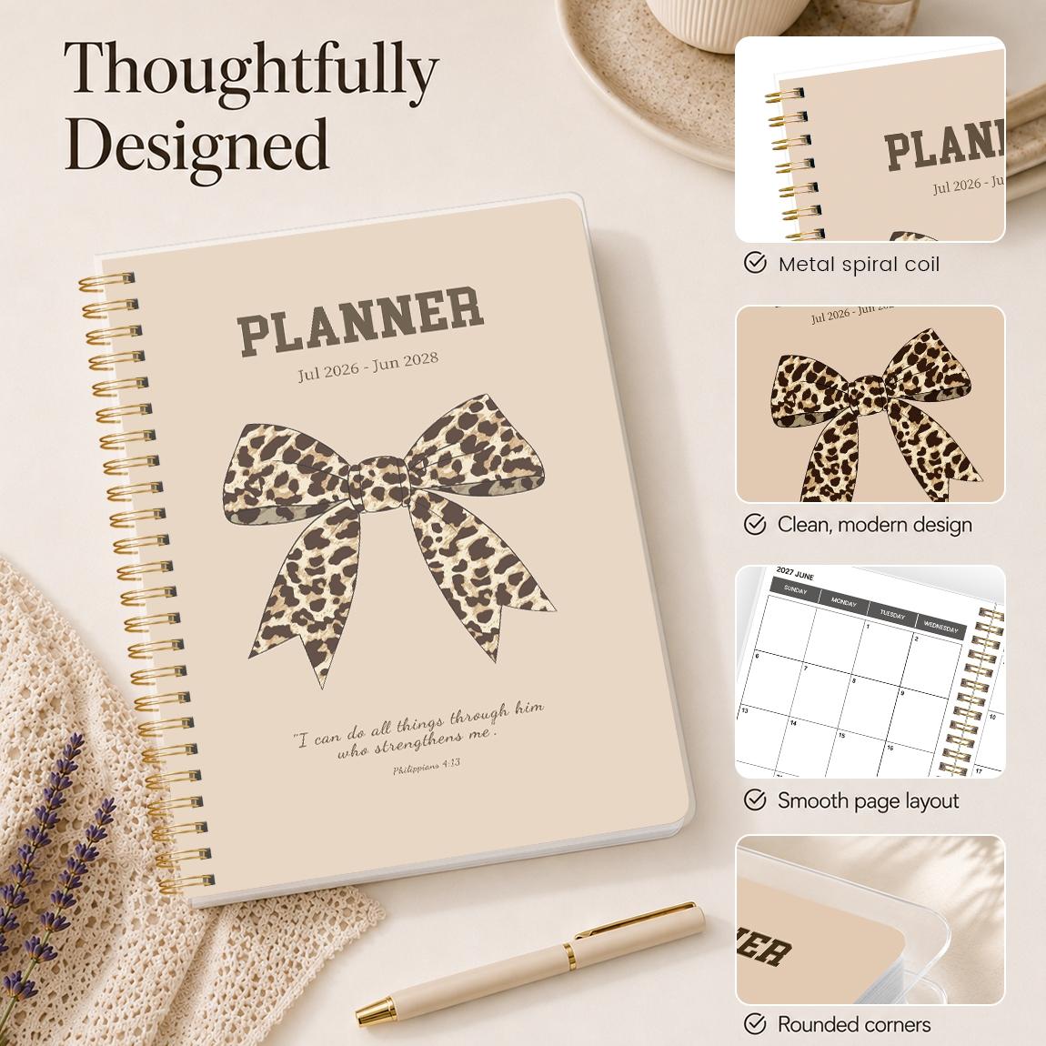 A5 Size Planner Notebook, Spiral Binding, Spiral Bound Planner, Leopard Print Bow Cover, Calendar & Memo Management, Ideal for Study Office Daily Planning