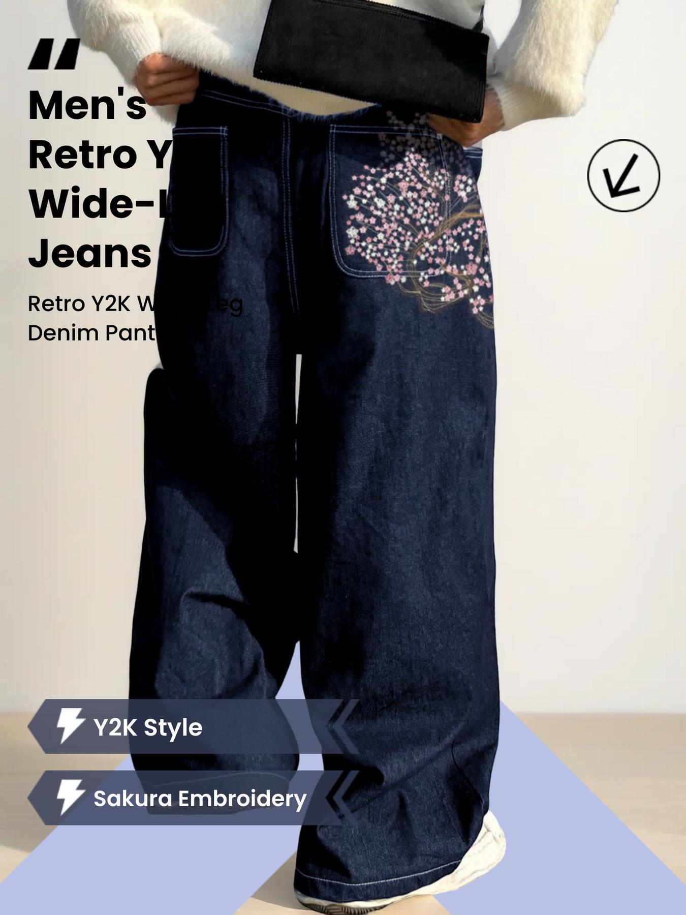Men's Vintage Y2K Style Loose Wide Leg Denim Jeans, Floral Sakura