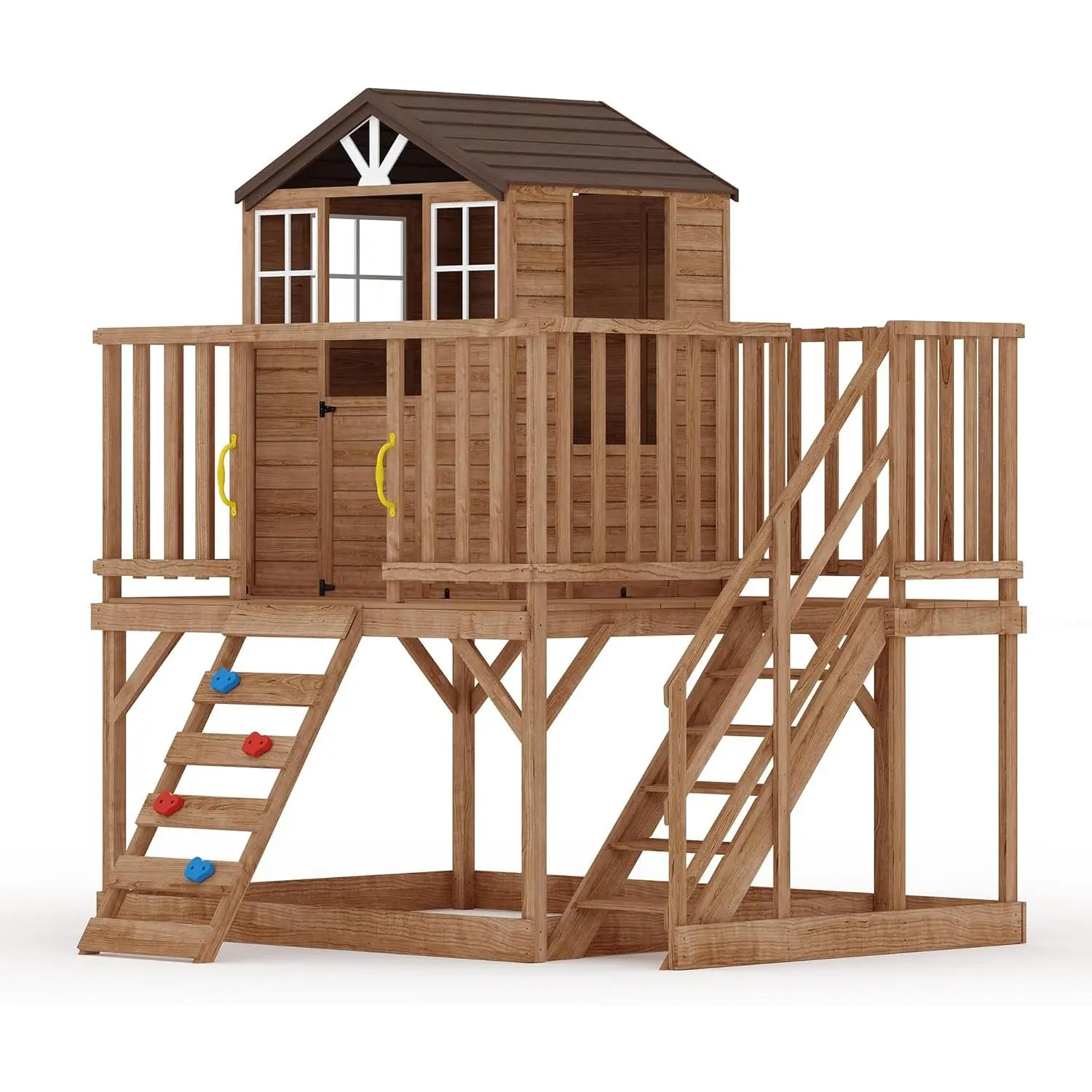 Spacious 2 Story Wooden Playhouse with Climbing Wall, Outdoor Wooden Playhouse with Step Ladder, Elevated Modern Cedar Playhouses, Spacious Backyard Activity Center(2 Boxes)
