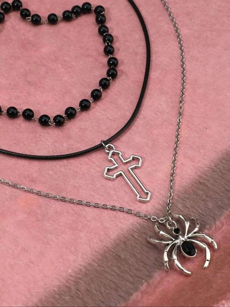 Women's Punk Style Spider Cross Pendant Necklace Set, Vintage Dark Gothic Design, Beaded Chain Jewelry for Parties
