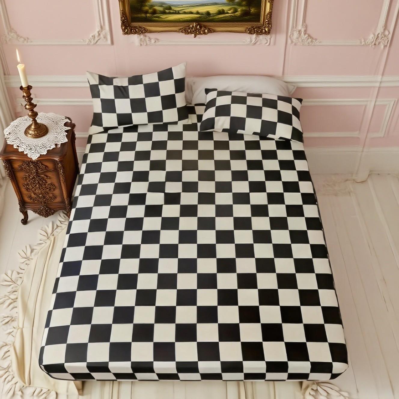 Black & White Checkerboard Premium Polyester Bedding Set, Checkered Geometric Pattern, Includes 1 Fitted Sheet and 2 Pillowcases, No Insert Durable Comfort Design, Modern Style Perfect Gift