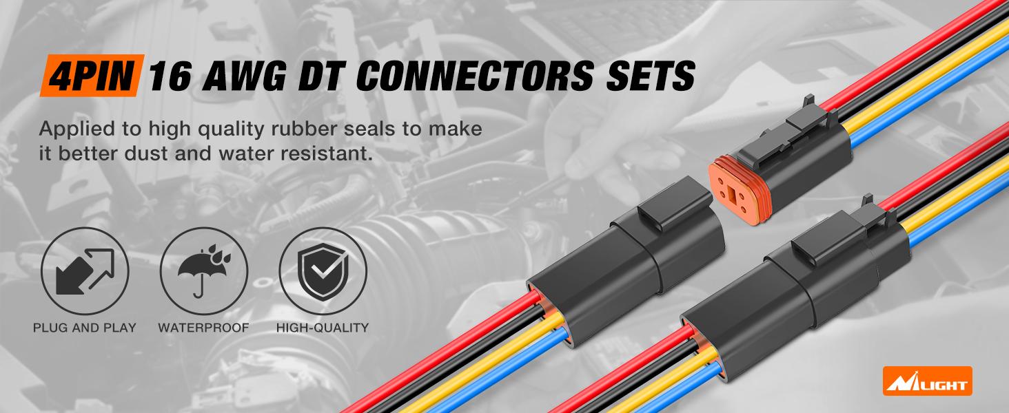 Nilight 4-Pin DT Waterproof Connector Set, 16AWG 6 Male & Female Plug&Play Electrical Cable Terminals Kit with Heat Shrink Butt Terminals, Durable Reliable Connectors for Scooters, LED Light Bar, Twinkle Light
