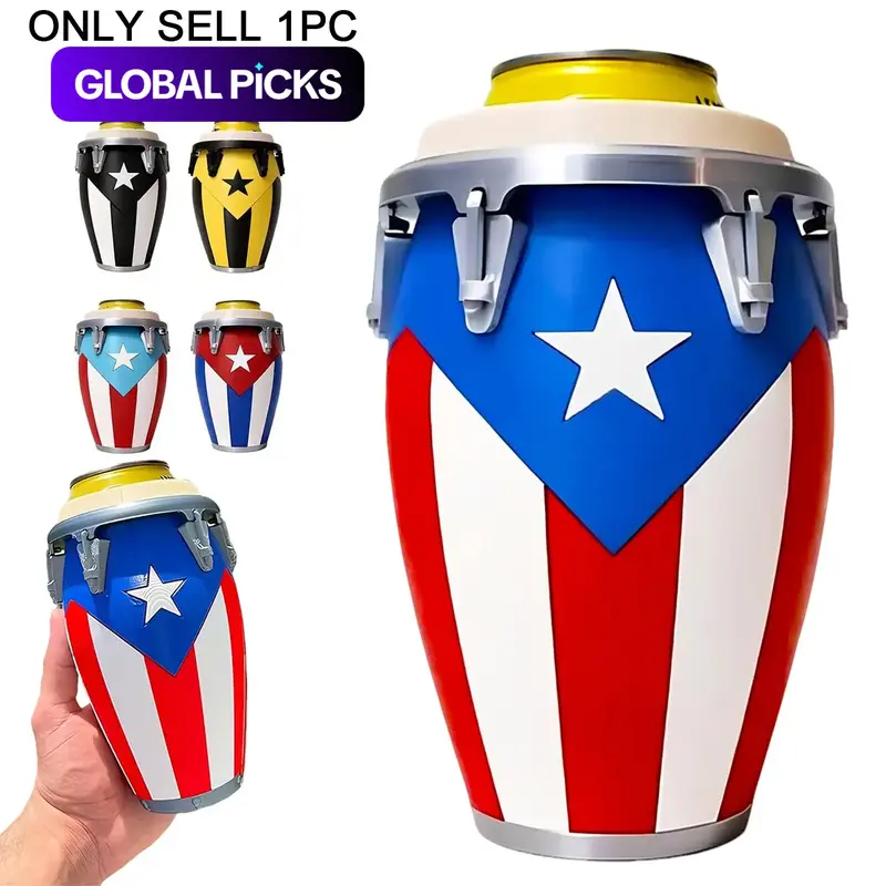 Conga Style Can Holder, Can Cooler Sleeve, 3D Printed Puerto Rico Conga Drum Can Cooler, Novelty Puerto Rican Flag Insulated Beer Can Holder, Portable Beverage Carrier, 12oz Standard Can Drink Cooler for Latin Party, Festival, BBQ, Unique Puerto Rico Gift