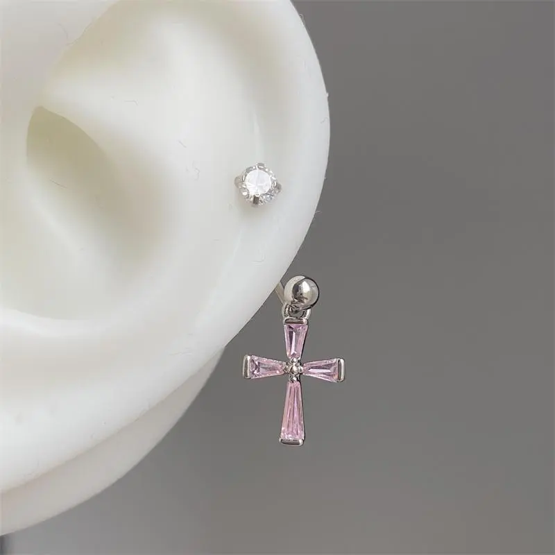 1PCS Pink Zircon Cross 316L Stainless Steel Annular Ear Bone Nail New Fashion U-shaped Earrings for Women Y2K Punk Jewelry
