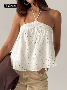 Polka Dot Halter Crop Top Women Sexy Casual Chic Strapless Double Layered Summer Tops Womenswear