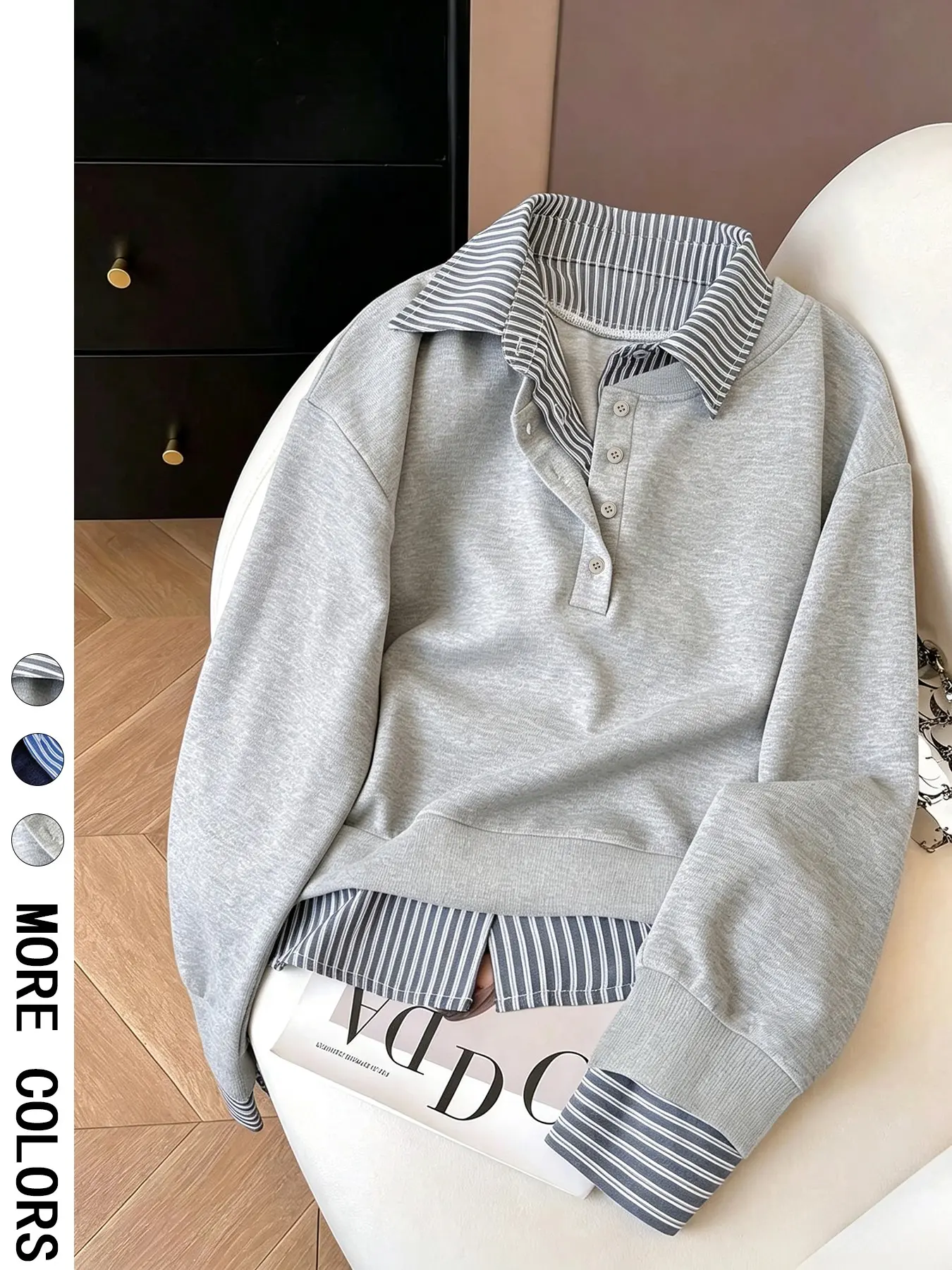 Women's 2-in-1 Layered Look Pullover Sweatshirt, Casual Fashion Sweatshirt, Striped Shirt Collar, Cuffs and Hem, Button Placket, Long Sleeves, Drop Shoulder, Relaxed Casual Top for Everyday Wear, Work, Travel and Weekend Outfits