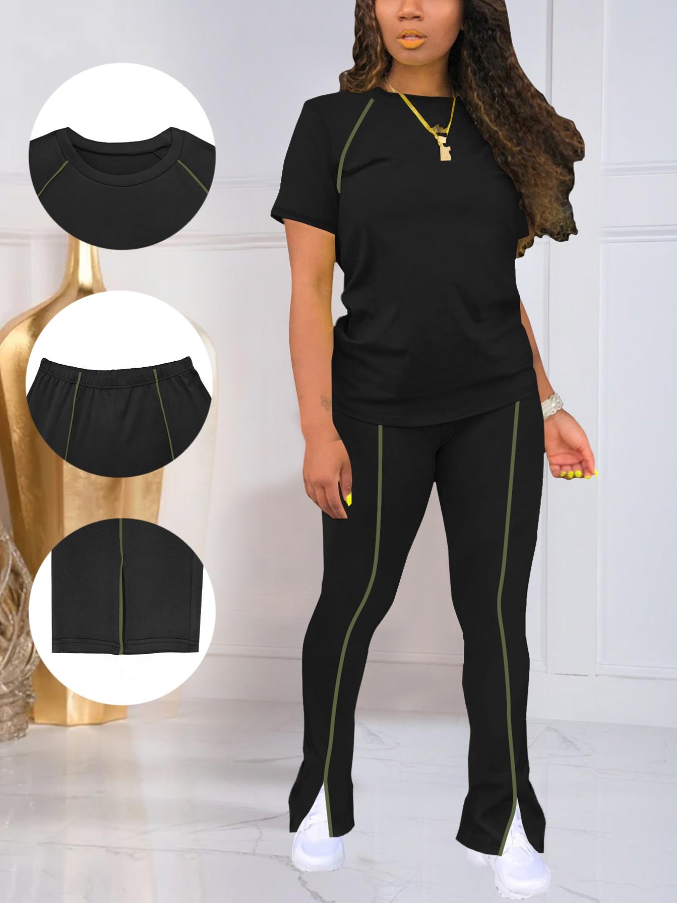 Summer Fashion New Round Neck Solid Color Striped Patchwork Short Sleeve Fitted Top with Long Pants Set, Women's Two-Piece