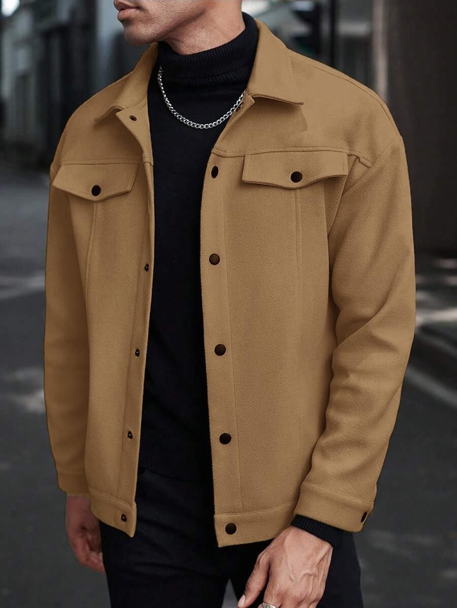 Men's Plain Color Flight Jacket for Autumn and Winter, Classic Stand-up Collar Design with Single-row Button Closure, American Vintage Coat, Back-to- Jacket, Motorcycle Suit. Casual Fashionable Jacket Workwear Jackets Casual Fitted Jackets Collared Jacket