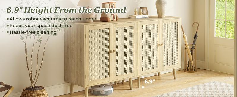 Huuger Buffet Cabinet with Storage, Storage Cabinet with PE Rattan Decor Doors, Media Console with Solid Wood Feet, Sideboard Cabinet for Hallway, Entry, Living Room