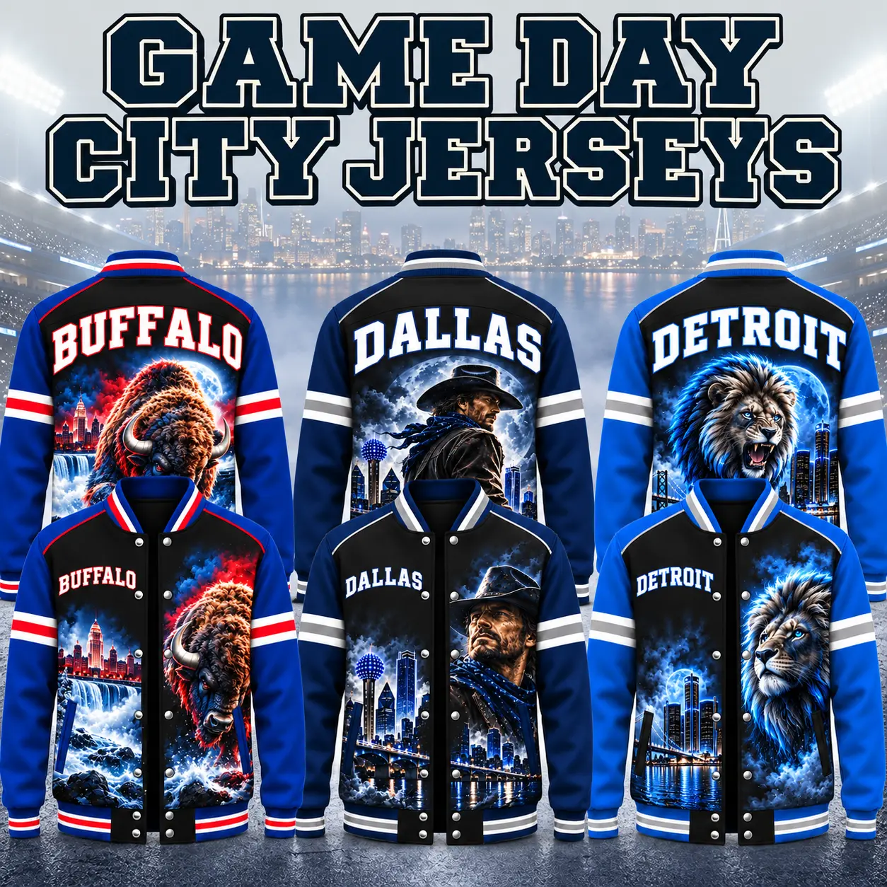Vintage Game Day Graphic Varsity Jacket Unisex Men Women Football Sports Supporter Bomber Retro Mascot Skyline Snap Button Striped Ribbed Collar Streetwear Relaxed Fit Long Sleeve Back Print Stadium Outerwear Cute Fan Gift Couple
