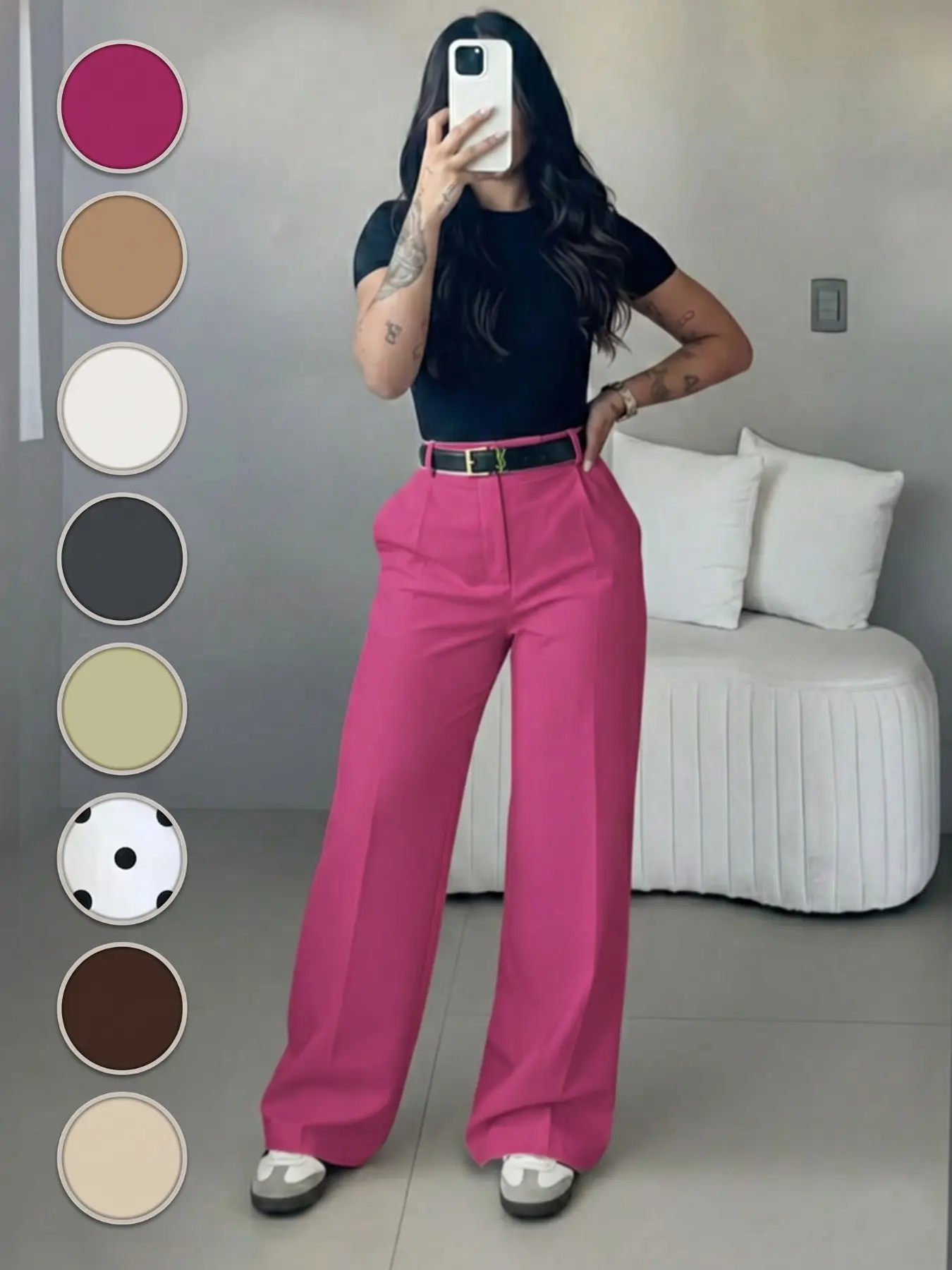 High-Waisted Wide-Leg Solid Suit Pants, Loose Fit Flowy Long Pants, Front Pleat Straight Leg Casual Pants, European and American Office Streetwear Chic Women's Clothing