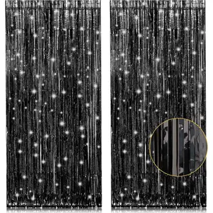 2 Pack 3.2ft x 8.2ft Black Tinsel Foil Fringe Curtains, Metallic Foil Tinsel Photo Booth Backdrop Streamer for New Years Decorations Halloween Bachelorette Birthday Holiday Celebration Party Supplies