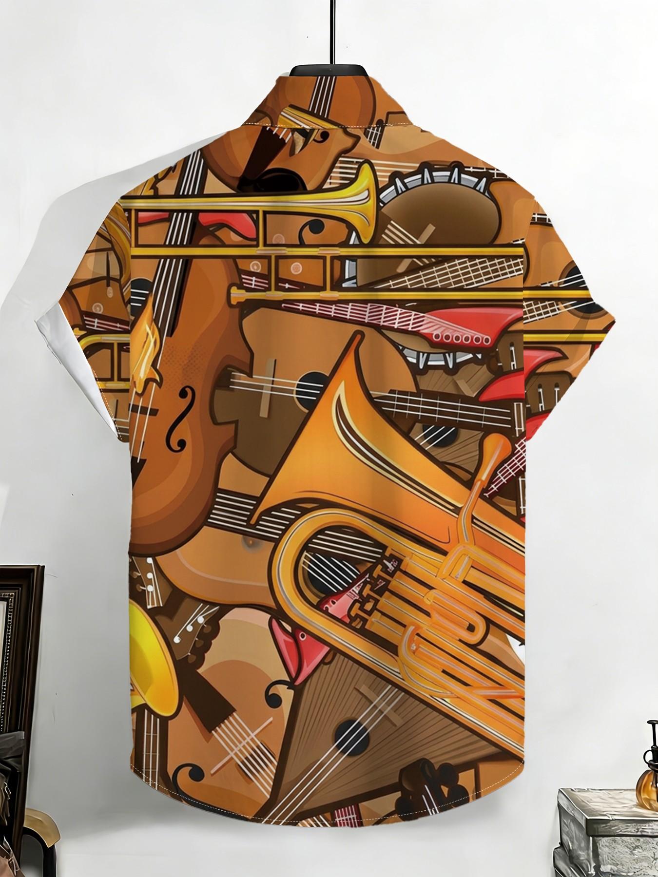 New Summer Men's Short Sleeve Shirt, Vintage Instrument All over Print, Casual Breathable Beach Holiday Hawaiian Shirt