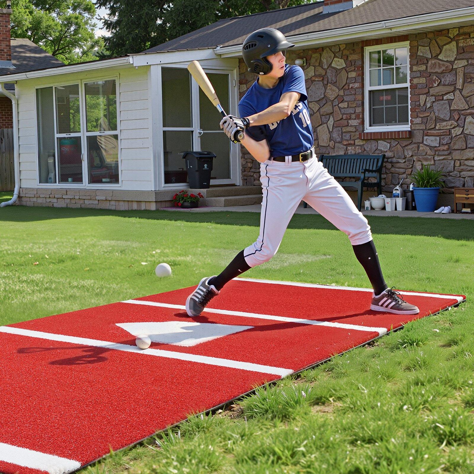 fathersdaygift VEVOR Baseball Hitting Mat, 10x3.8 ft Batting Cage Mat, Batters Box Turf Mats, Softball Batting Practice Equipment with Home Plate and Anti Fade Turf, Portable Training Aid for Indoor Outdoor, Red
