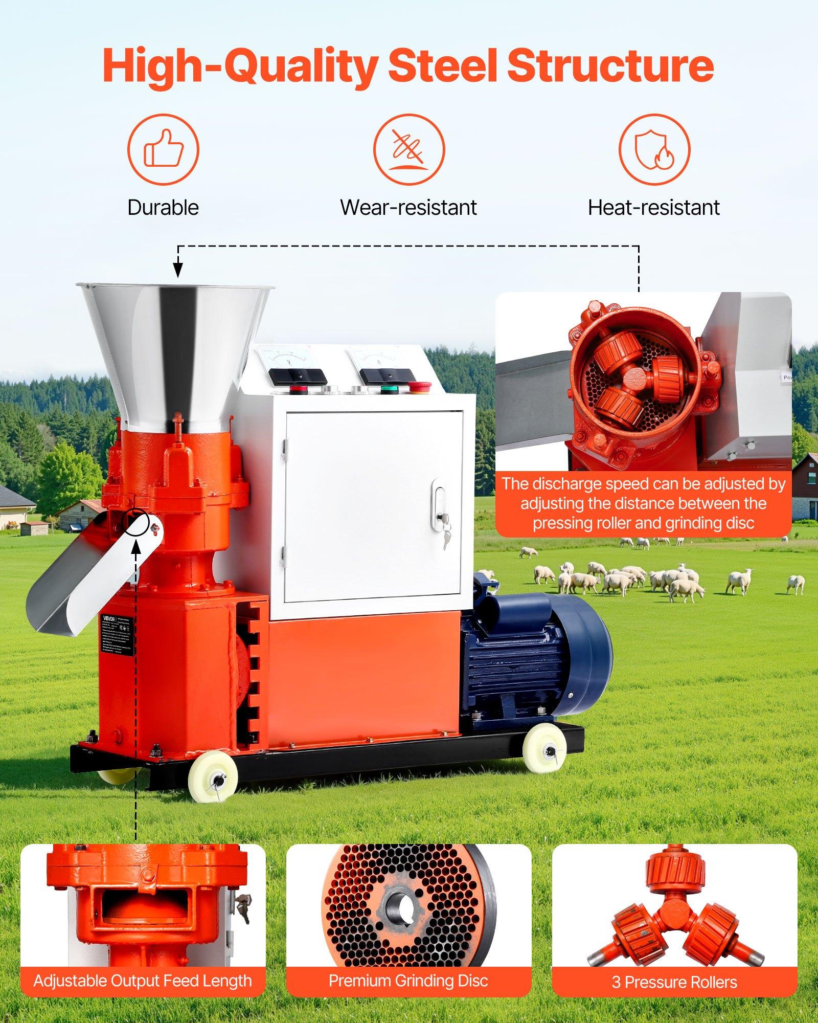 VEVOR Feed Pellet Mill Machine, 4 mm Animal Feed Pellet Making Machine, 3KW 240V Animal Food Granulator Mill Machines with 3 Pressure Rollers 4 Wheels, Ideal for Poultry, Livestock, Farm Animals