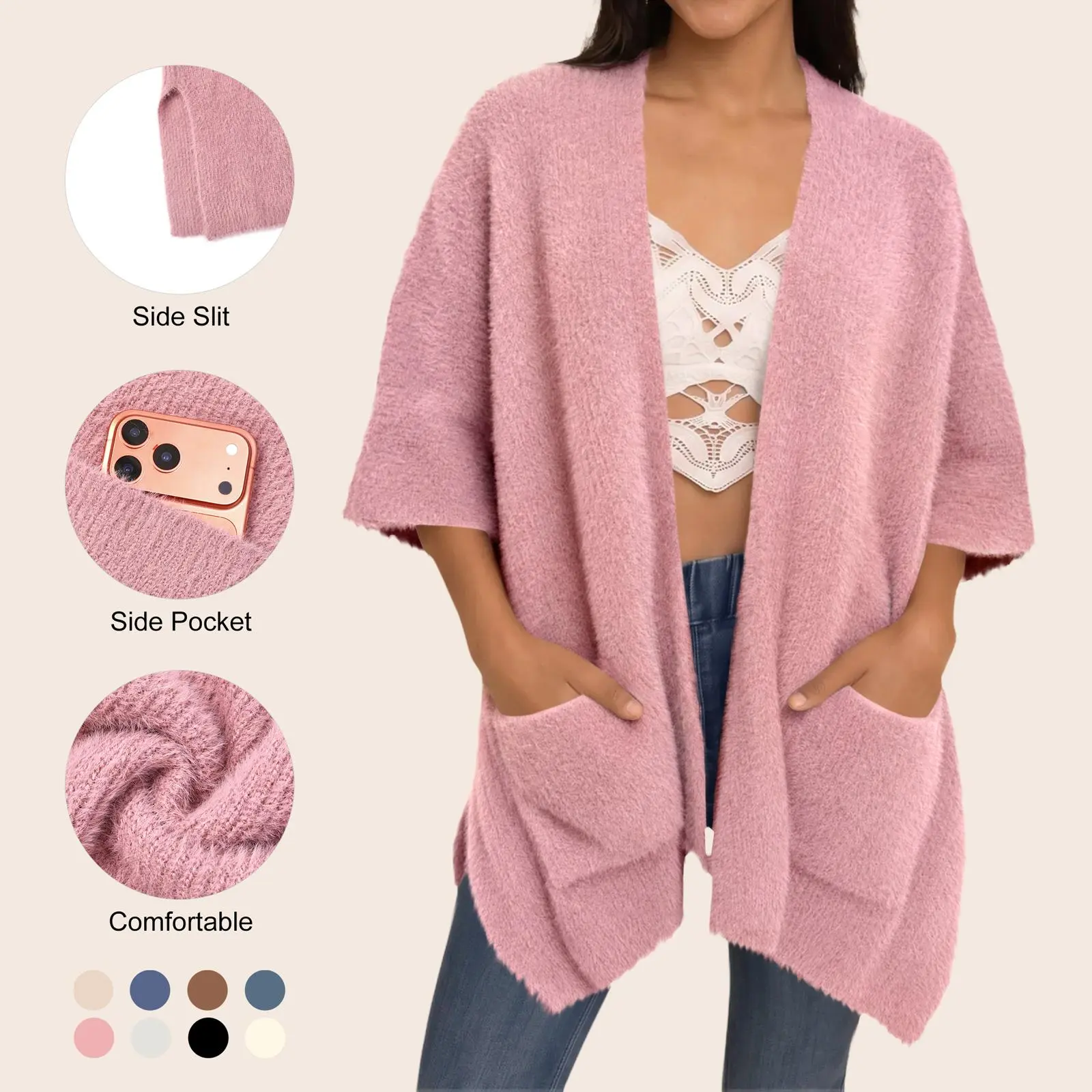 Imily Bela Women Cozy Plush Half Sleeve Knit Cardigan Oversized Casual Kimono Cover Up with Side Pockets