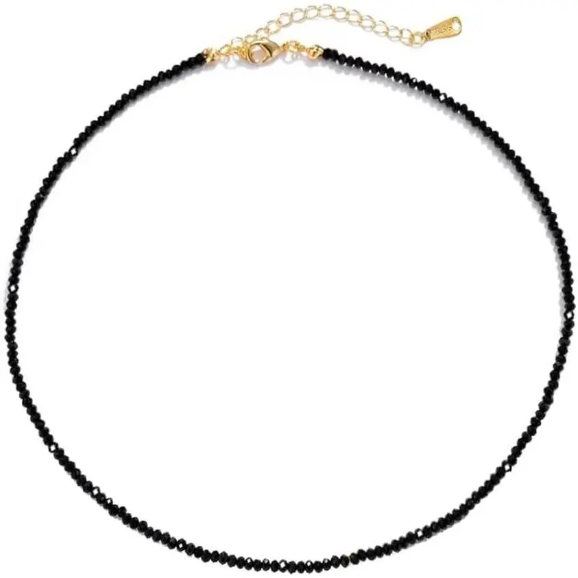 Dainty Black Spinel Beaded Choker Necklace for Women - Natural Shiny 3mm Black Agate Crystal Stone, 18k Gold Plated Adjustable Chain, Cute Jewelry Gift for Teen Girls(Gift)
