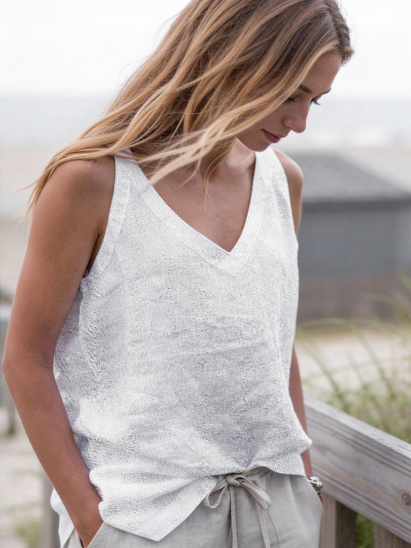 French Lazy Linen V-Neck Sleeveless T-Shirt, Basic Casual 