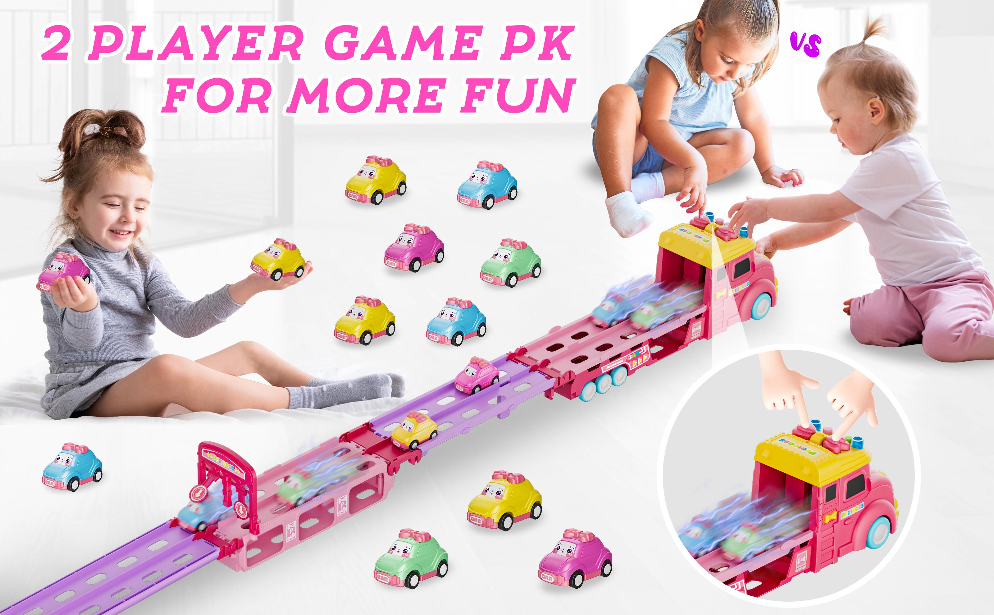Durable Car Toys Unicorn Car for Age 2-7 Girls - Multifunction Foldable Track & 2 Player Race Mode Game with Light & Sound Push Transport Carrier Truck Kids Christmas gifts Warmed up for holiday