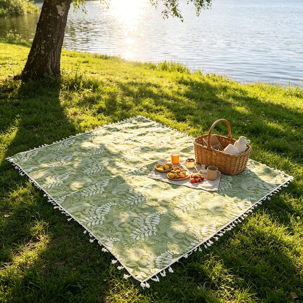 Ins Style Tassel Fringe Picnic Blanket - Vintage Green Plant-Print Camping Mat, Portable Foldable Outdoor Throw for Lake, Lawn (Sports & Outdoor Camping & Hiking Picnicware), Blankets