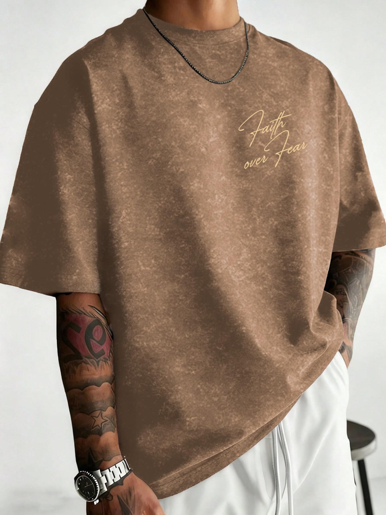 Men's Washed T-Shirt Printed with "God Has A Plan" & "Faith Over Fear", Streetwear Casual Short Sleeve Top, Slim Fit #FaithBasedTee #GodHasAPlan #WashedStreetwear #ChristianFashion #TikTokMadeMeBuyIt