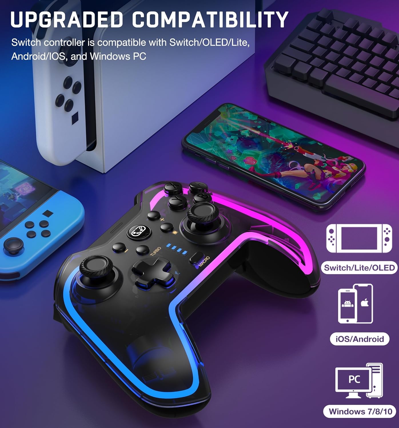 Switch Pro Wireless Game Controller with RGB Lighting, Programmable Dual Motors, Vibration, Turbo Function, Compatible with Switch 2/PC/android