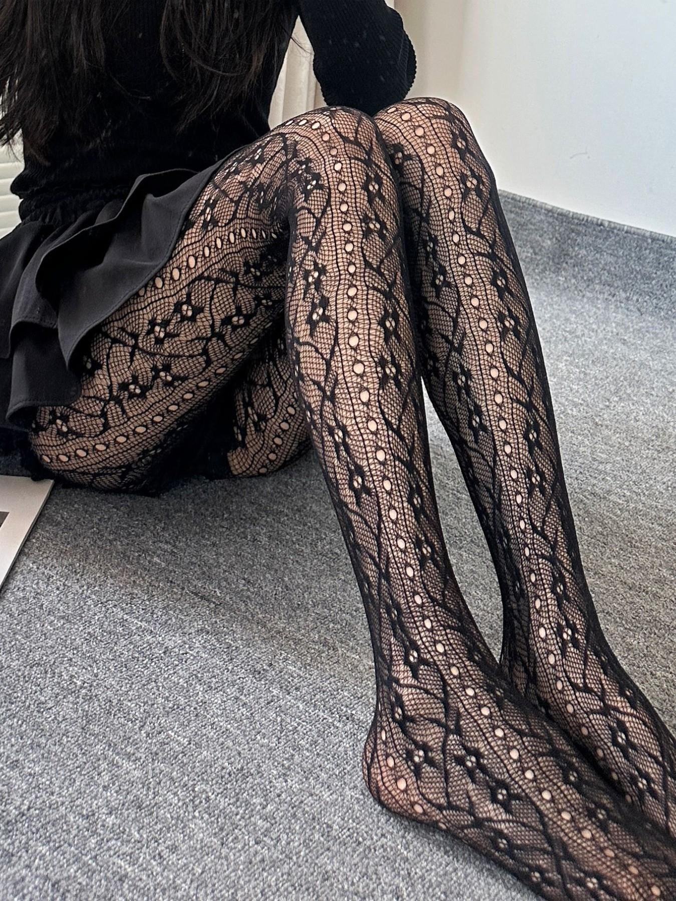 New French Vintage Floral Mesh Stockings, High Stretch Vertical Stripe Pantyhose for Women, Boho Style, Unique Design