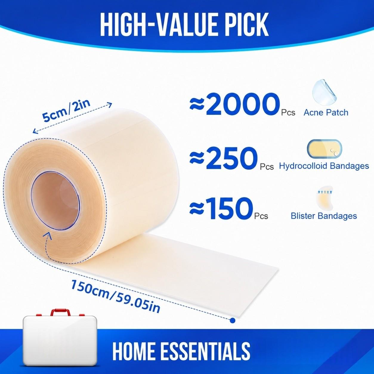 Khazix Hydrogel Bandage Roll 2in X 5ft, Cut-To-Fit Wound Dressing, Breathable Skin Cover, Hydrocolloid Bandage for Healing, Bandages For Wounds