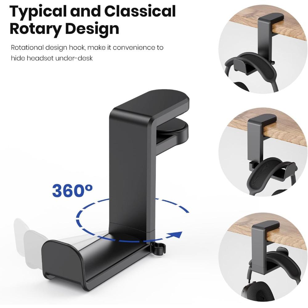 Rotating headset bracket-computer game headset bracket, adjustable clip under the table, with 360-degree rotation and cable clip organizer-black