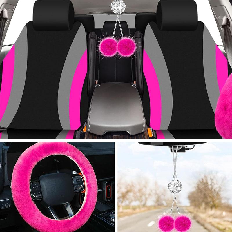 45pcs Car Seat Covers & Interior Accessories Set: Thin Polyester Five-Seat Car Seat Covers, Plush Steering Wheel Cover, Shoulder Pads, Gear Shift Knob Cover, Rearview Mirror Ornaments, Cup Pads, Tire Valve Oven Trim Strips, Suitable for Most Cars and SUV