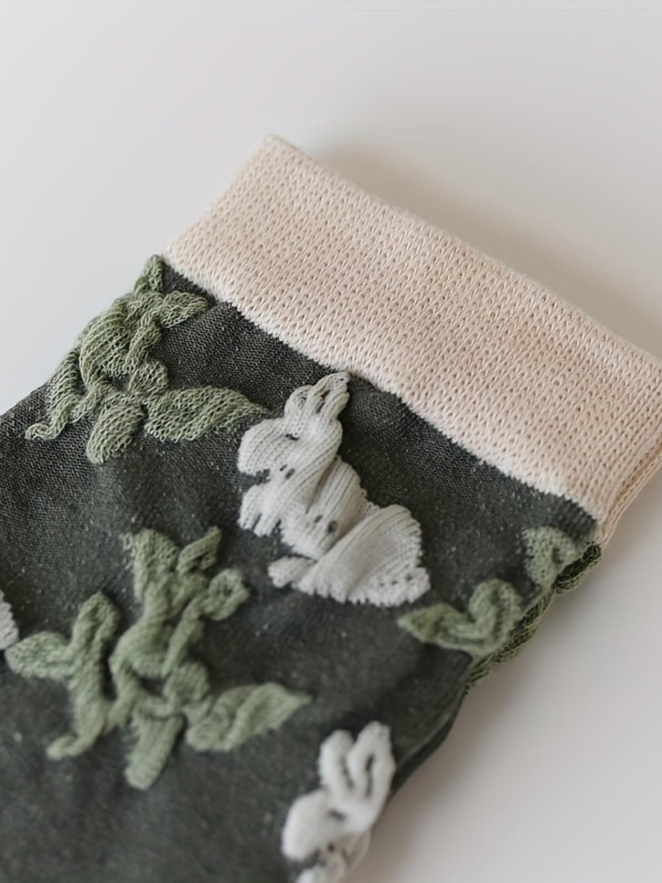 5 Pairs Retro Forest Style 3D Embossed Mid-Calf Casual Socks, Cute Bunny Floral Cotton Socks, Fashionable Versatile Country Women's Socks