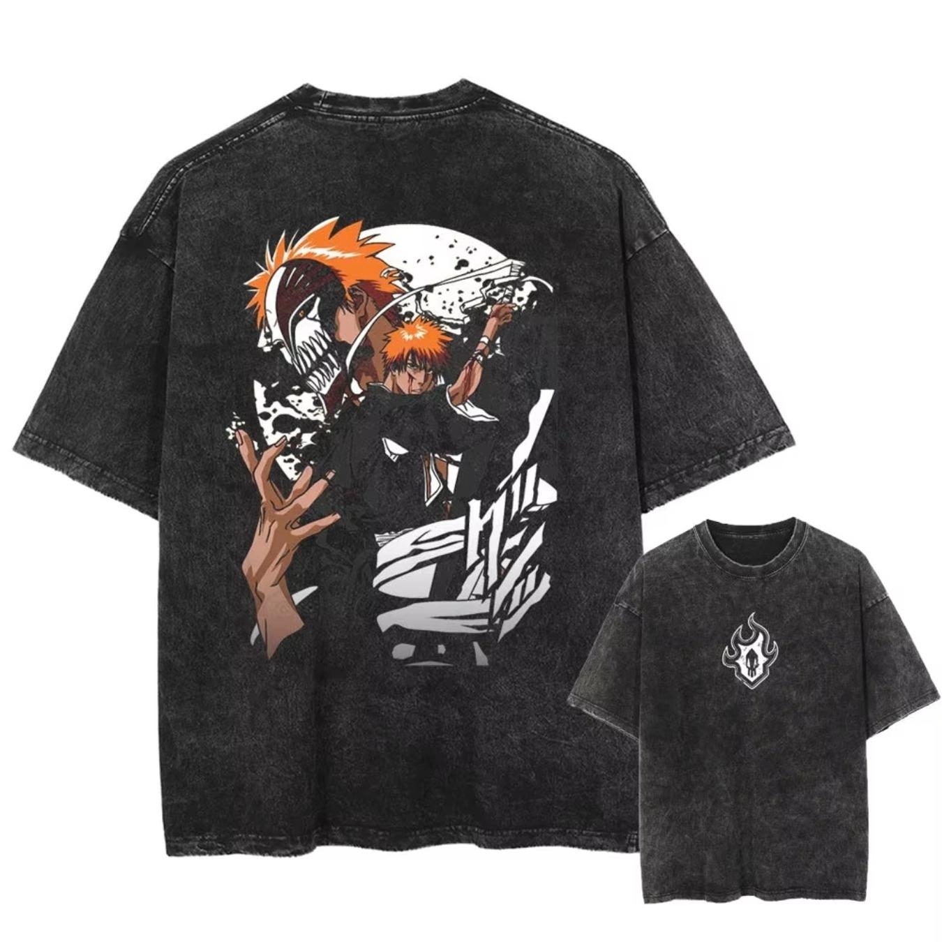 Bleached Ichiro Kurosaki Multi Shaped Hollow and Zangetsu Retro Washed Anime Printed T-shirt 2026 Men's and Women's Summer Oversized Shirt Casual Streetwear