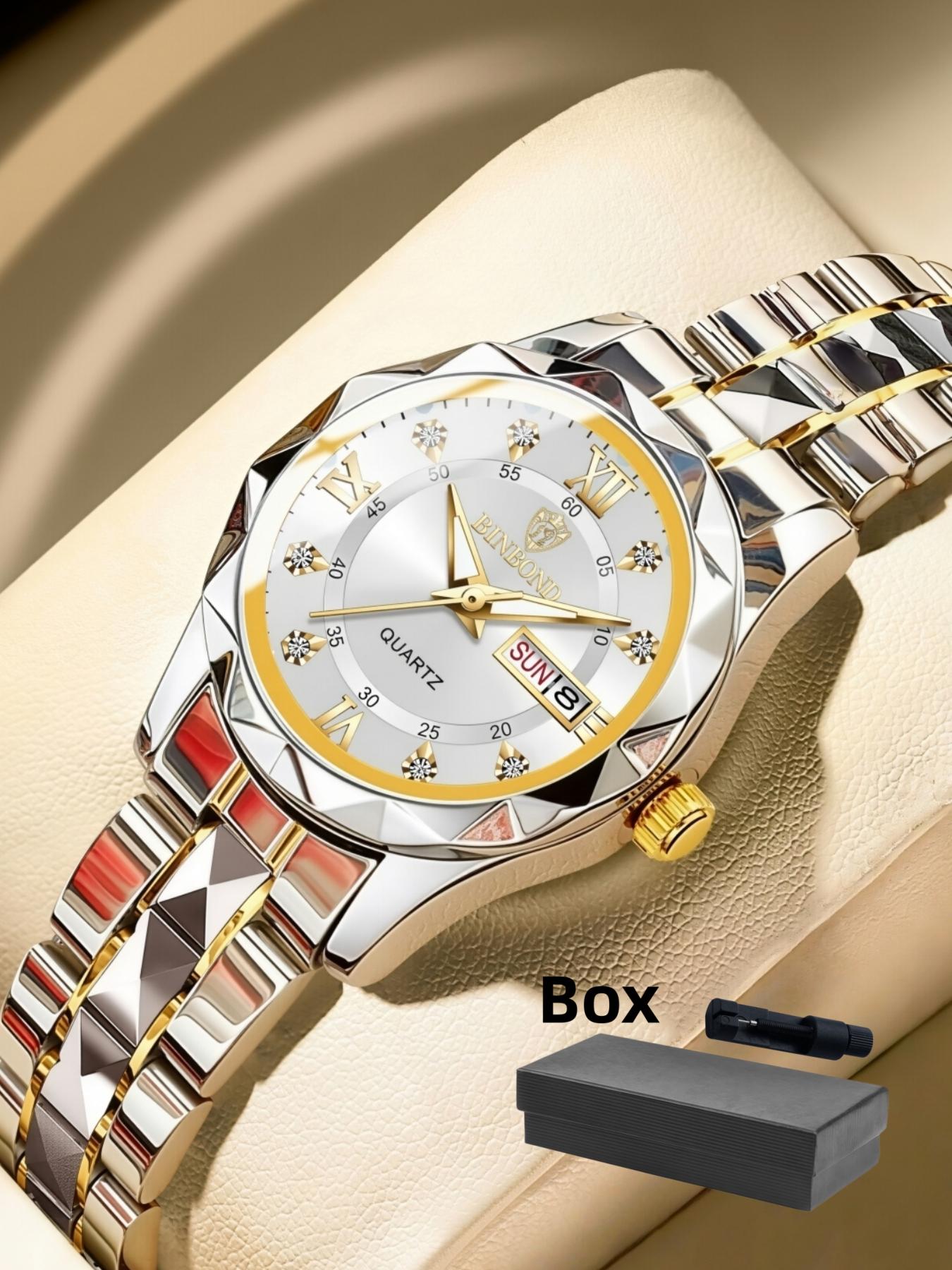 Women's Fashion Round Dial Stainless Steel Strap Quartz Watch, Rhinestone Decorated Watch, Rhinestone Embellished Watch, 30m Waterproof Watch with Calendar Function, Trendy All-match & Exquisite Watch for Birthday Gift with Box