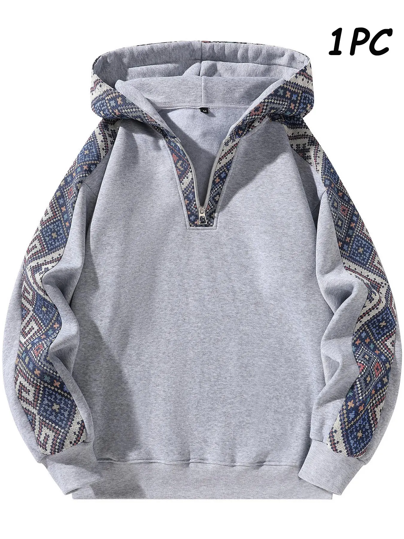 Unisex Half-Zip Hoodie, Vintage Ethnic Cultural Patchwork Sweatshirt, Casual Daily Wear, Outdoor Activities, Men's Sporty Hooded Sweatshirt, Long Sleeves
