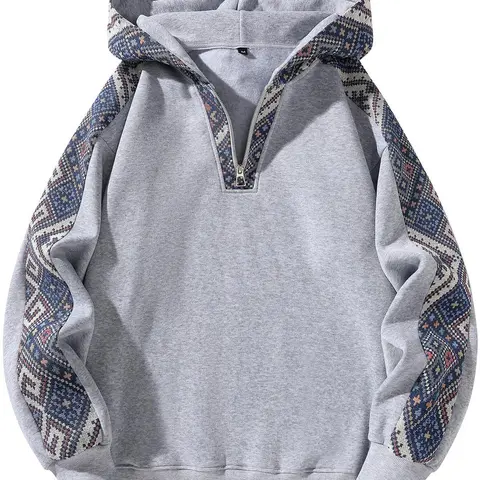 【Black Friday】Unisex Sporty Half-Zip Hoodie, Vintage Ethnic Patchwork Hooded Sweatshirt, Casual Long Sleeve Pullover for Daily Wear and Outdoor Activities