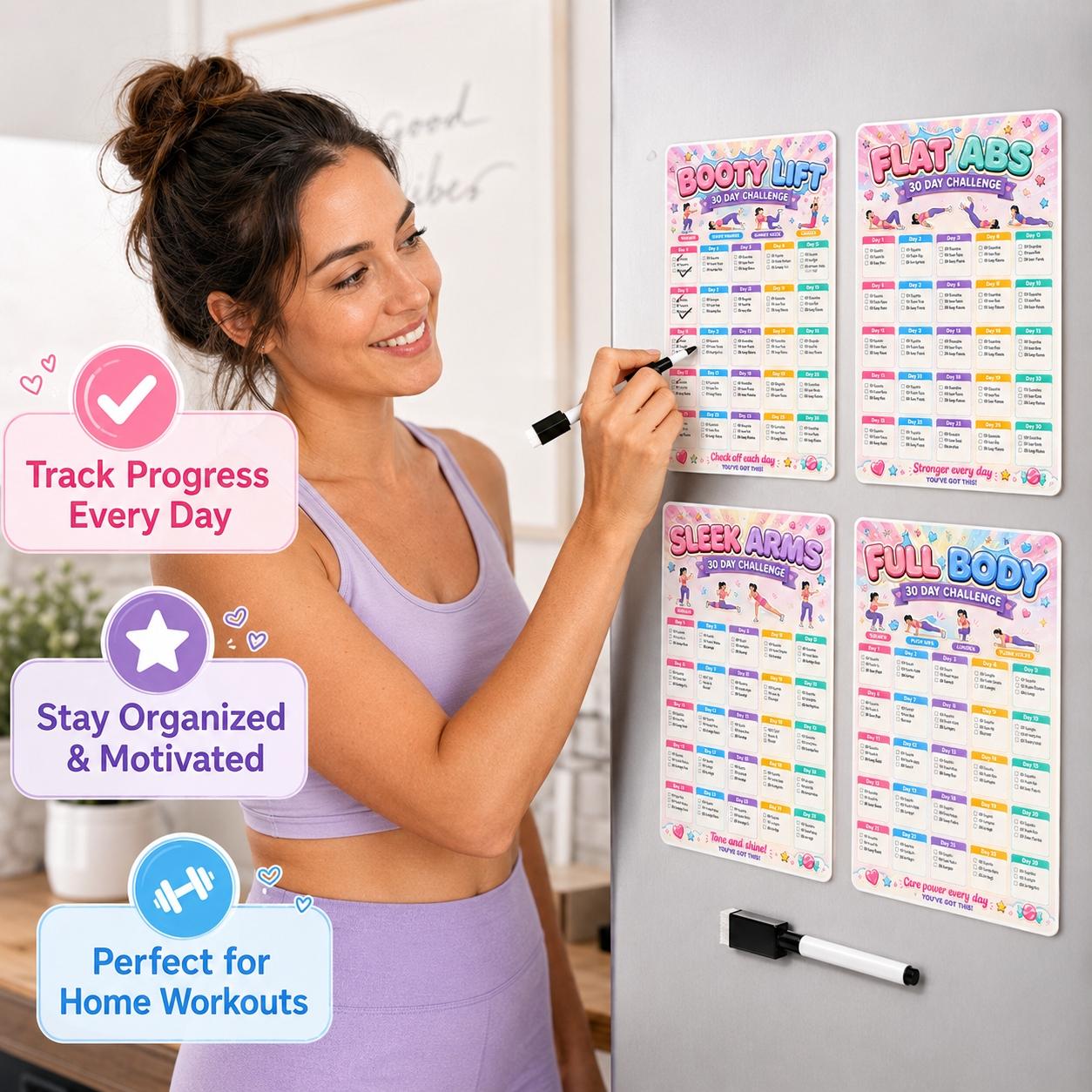 Auvirec 30-Day Reusable Fitness Tracker Set, 6 Pet Challenge Cards + Erasable Marker, Home Workout Log, Smooth Surface Compatible
