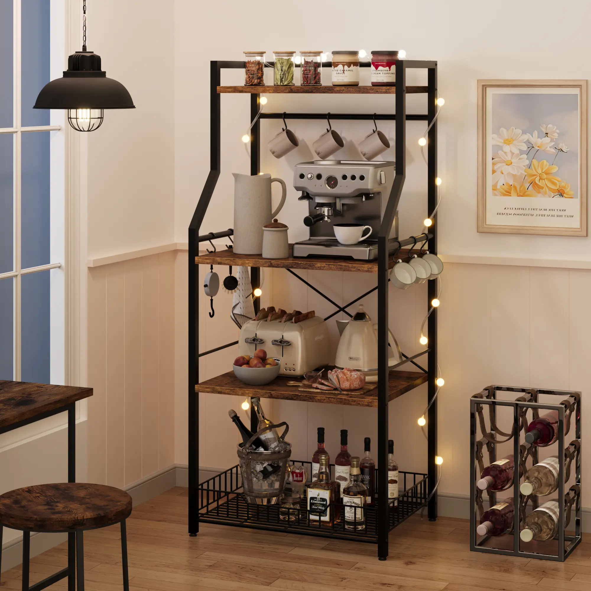 4-Tier Rustic Brown Kitchen Bakers Rack with Microwave Oven Stand – Large Wire Basket, S-Hooks, Industrial Metal Frame – Freestanding Storage Shelf Organizer for Spices, Pots, Pans, Coffee Bar