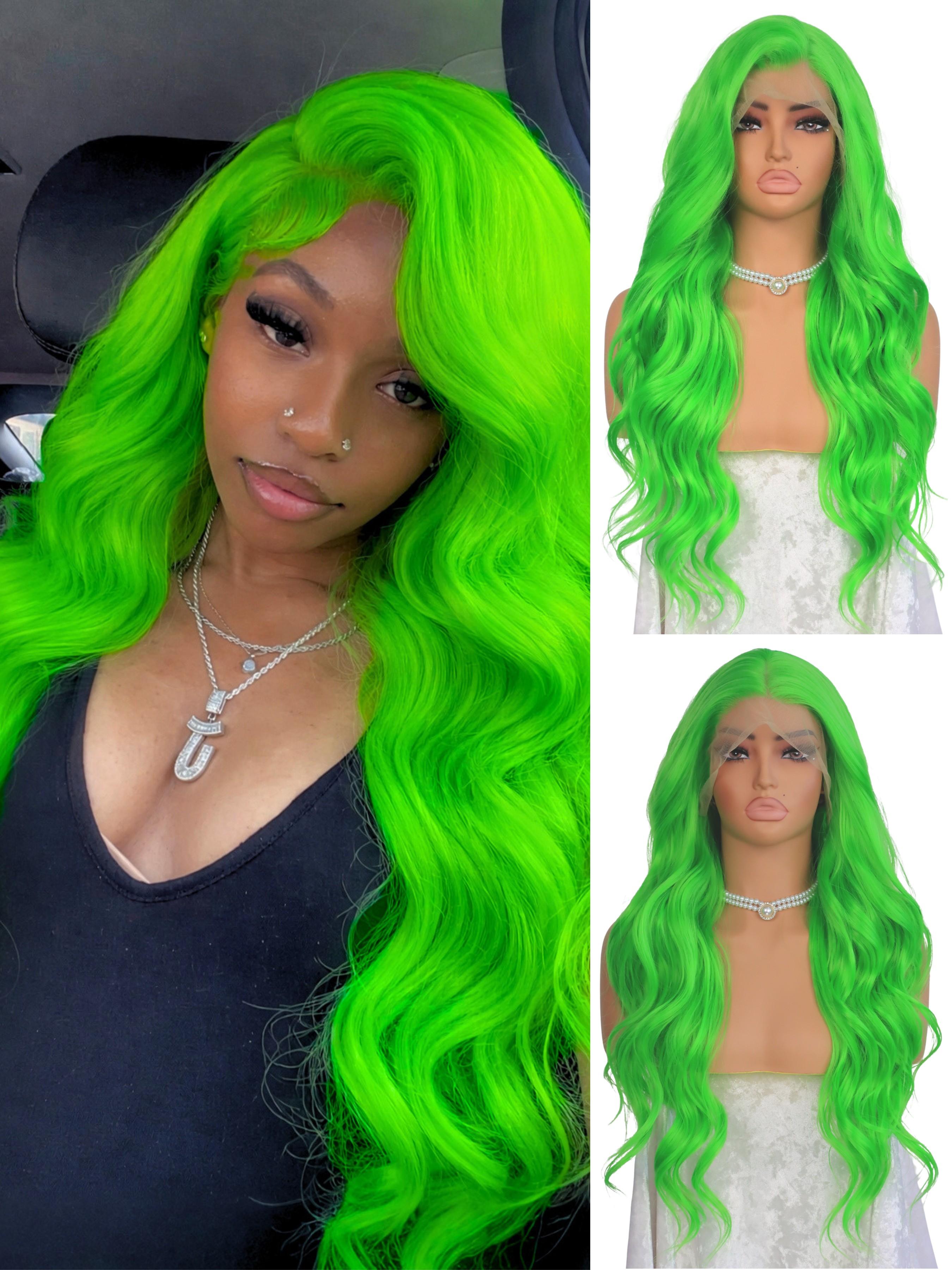 Neon Green Body Wave Wigs 13x4 HD Lace Front Wigs Pre-Plucked Hairline Synthetic Wig Concert Look Body Wave Wig Coachella Festival Look Lace Front Wigs for Women Party Cosplay Stage 28 Inch