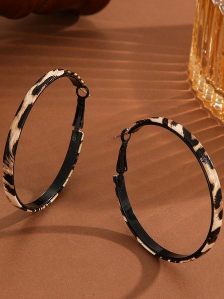 Fashionable Ring Earrings Set, Leather Strap with Letters Leopard Print Design, Unique Personalized Large Hoop Style Jewelry, Versatile Earrings