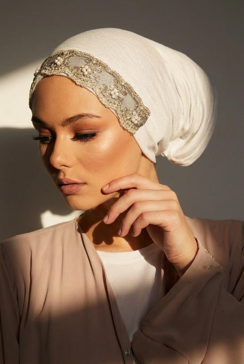 Luxurious Jersey Modal Hijab Inner Cap, Beaded Lace Muslim Hat, Elastic Comfortable Sleep Cap, Ramadan Fashion Decoration Hat, Turban Hijab
