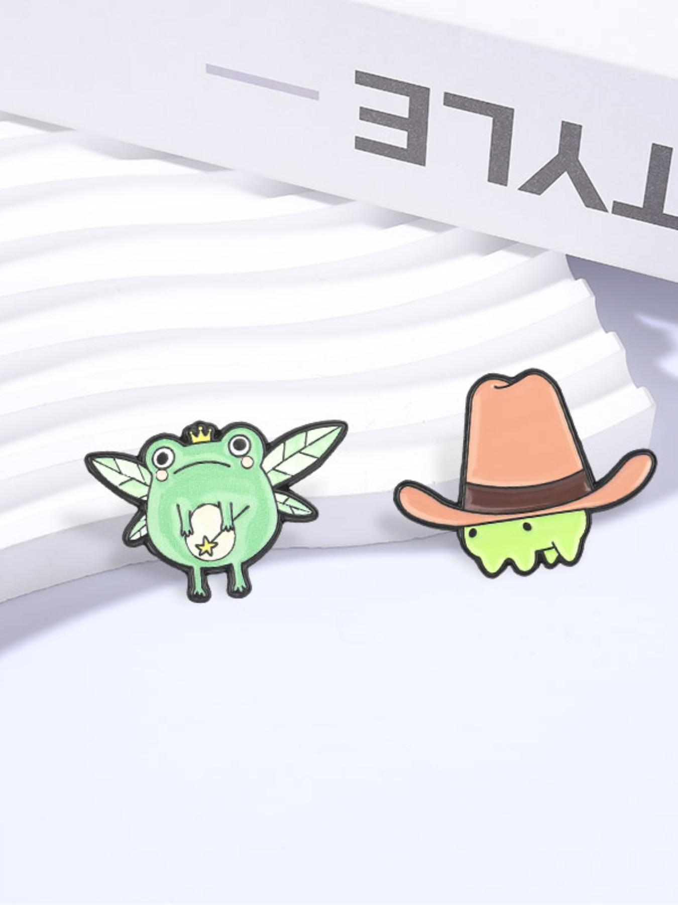 2PCS Cartoon Cute Frog Cartoon Alloy Pin , Frog Fairy Wearing Crown Dragonfly Wings Holding Magic Wand & Cowboy Frog Brooch , for Animal Lovers Backpack Jacket Clothing Badge  Decoration Gift, Fashion Lapel Pin