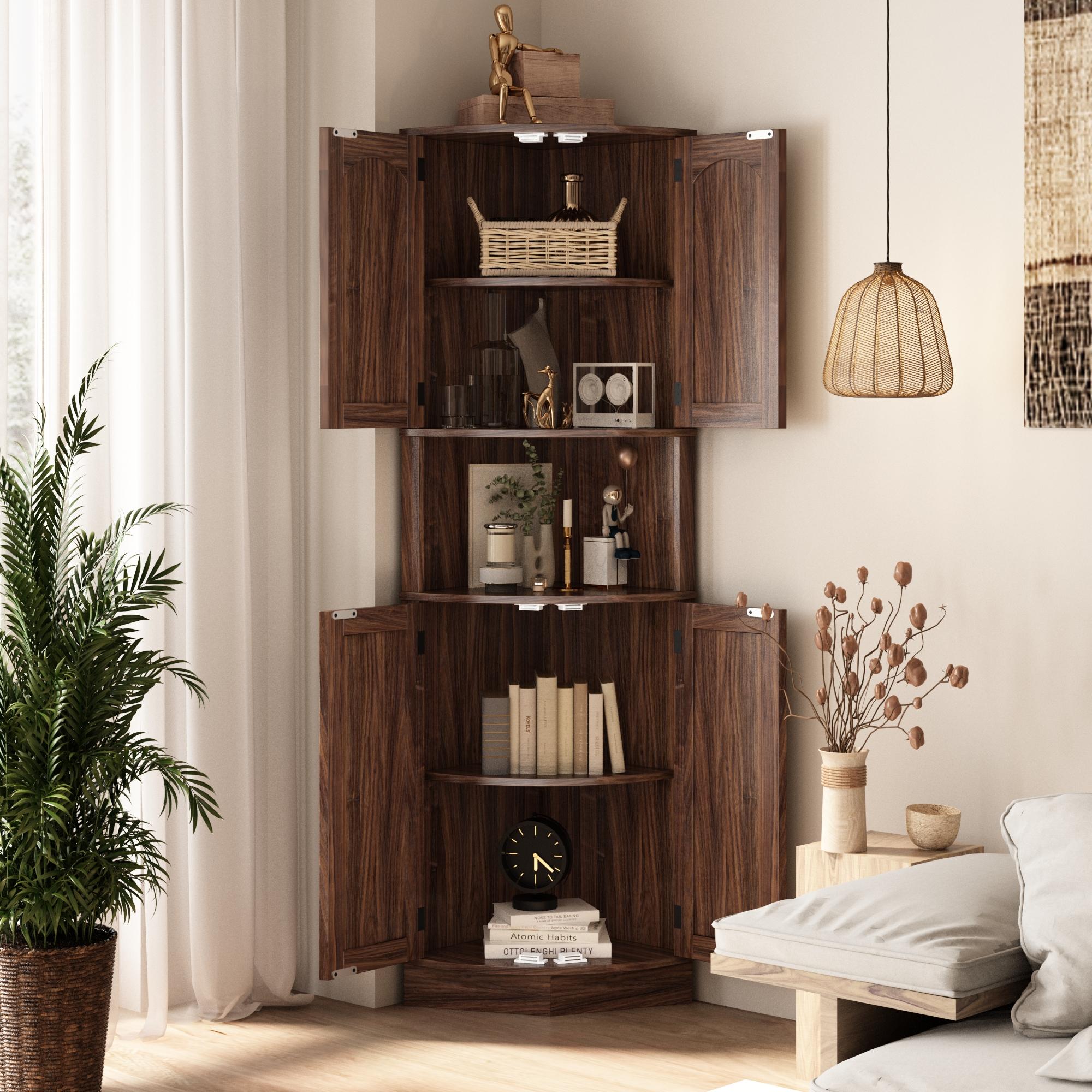 PieDle Furniture Tall Bohemian Rattan Corner Storage Cabinet - 4 Doors, 5 Shelves, 64.7" Height, Ideal for Living Room, Kitchen, Bathroom & Office Organization